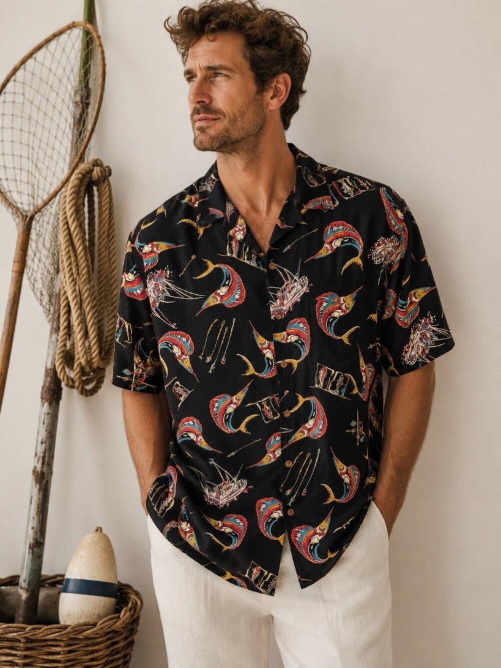 Reyn Spooner Hawaiian Fishing Shirt Men’s Large Black Marlin Aloha Camp Shirt US